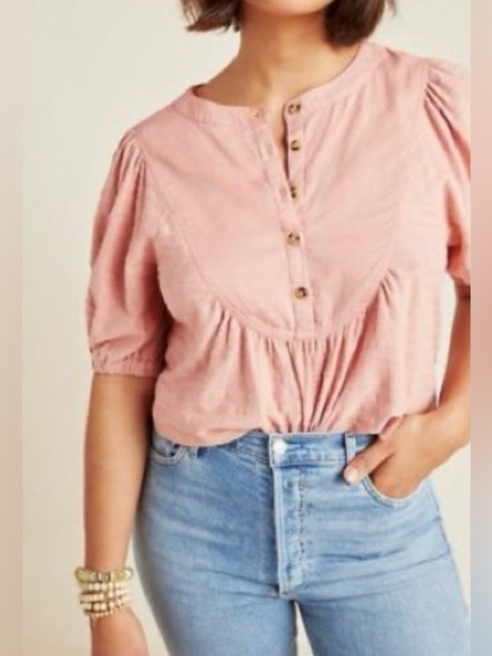 Anthropologie Dusty Rose Quarter Button Short Sleeve Cotton Blouse - Size S